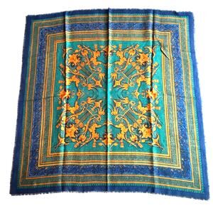 Morgan Taylor 100% Lightweight Wool scarf 35" square blue green gold geometric